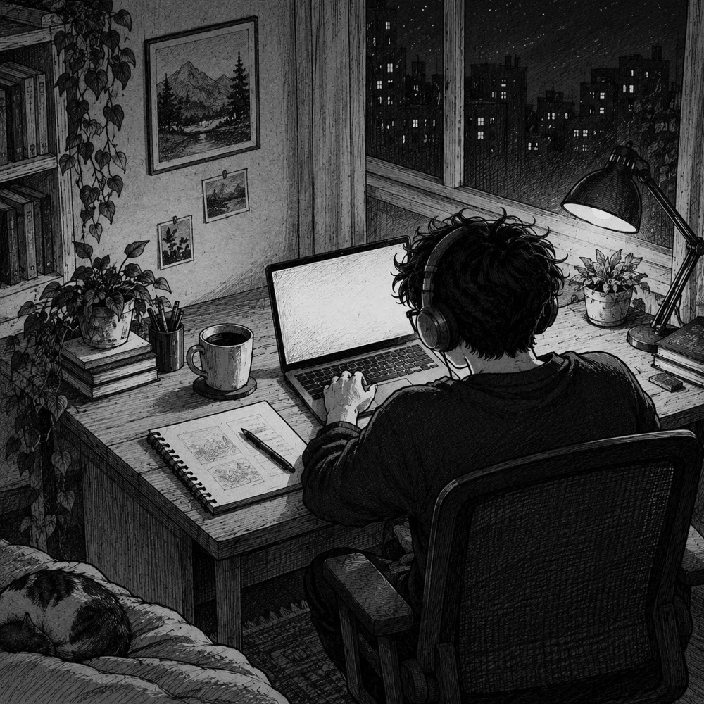 A cozy night desk with a laptop, a sketchbook, a mug, a plant and a sleeping cat