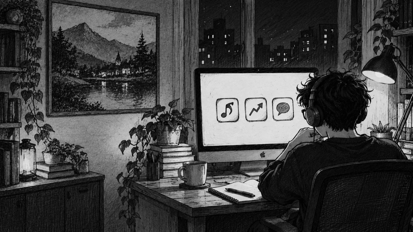 The founder at a night desk, headphones on, looking at a monitor that shows three app icons: a music note, a rising arrow and a chat bubble