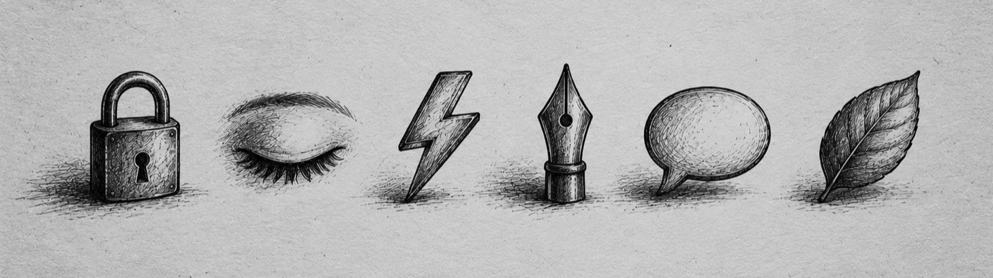 Six hand-inked objects: a padlock, a closed eye, a lightning bolt, a pen nib, a speech bubble and a leaf
